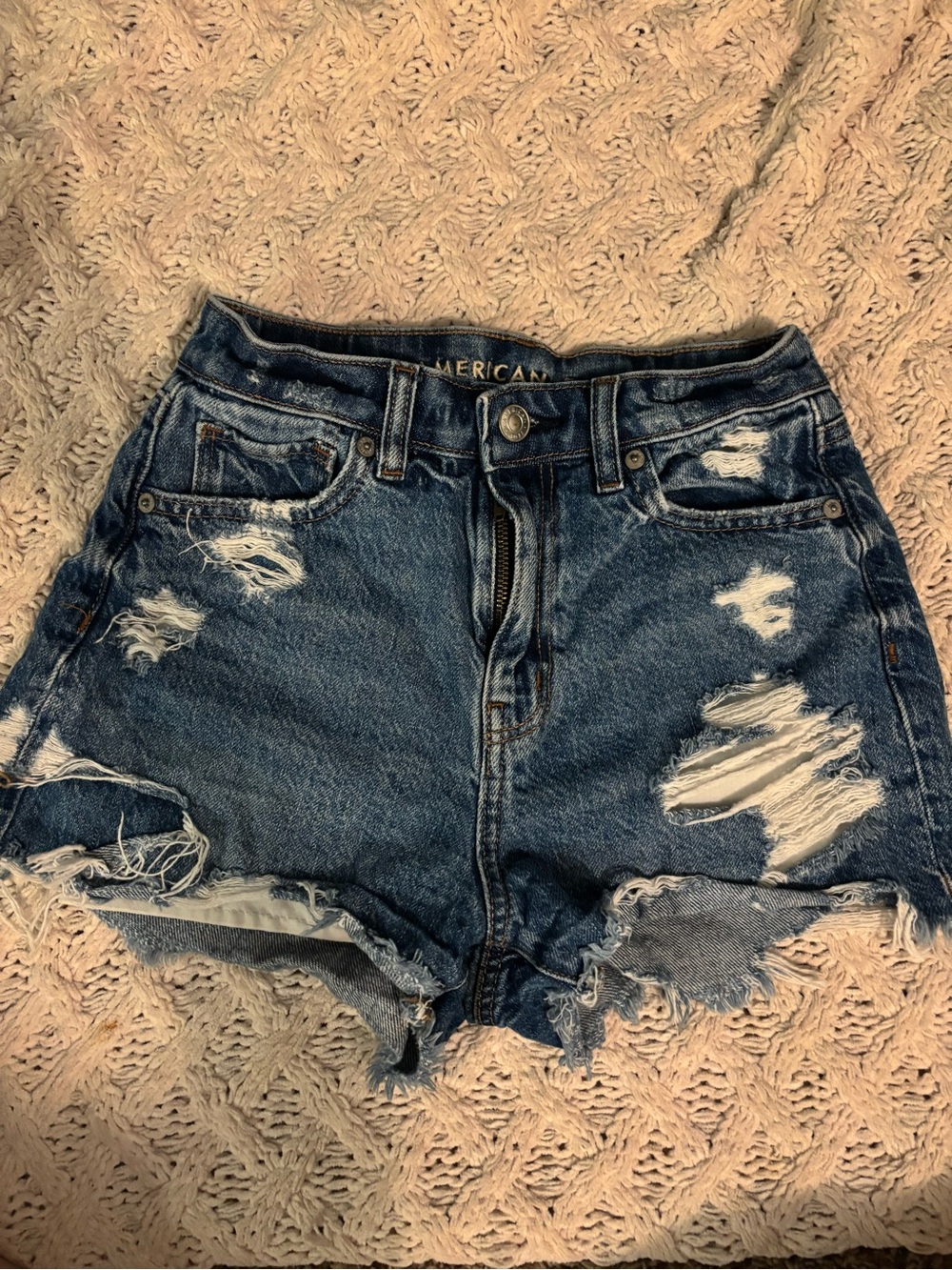 American Eagle Outfitters Ripped Dark Blue High-Rise Denim Shorts